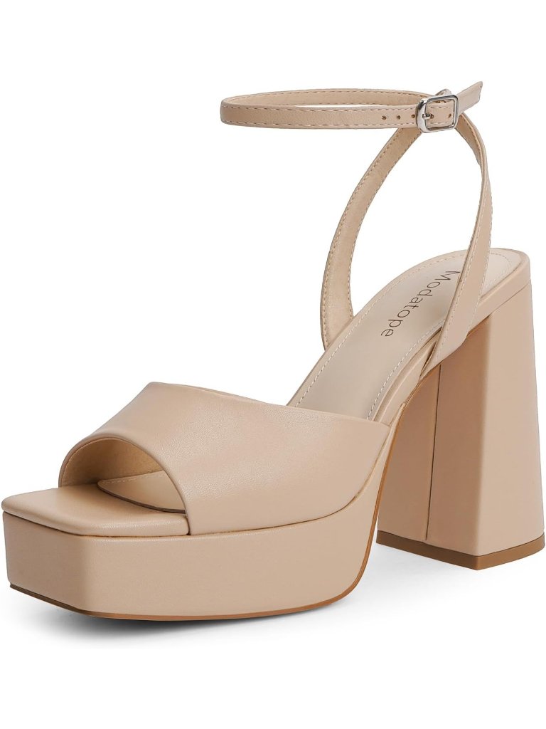 Women's Nude Faux Leather Chunky Open Toe Ankle Strap Wedding Party Pumps Heels